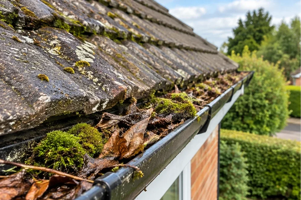 Blocked gutter full of moss and leaves before gutter cleaning in Edinburgh